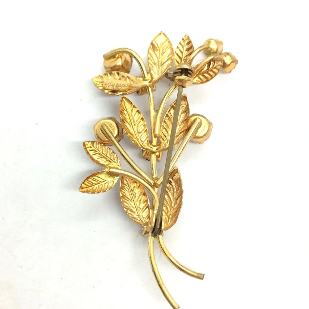 VINTAGE MADE IN AUSTRIA BROOCH FLOWER BOUQUET RHINESTONES GOLD TONE_9